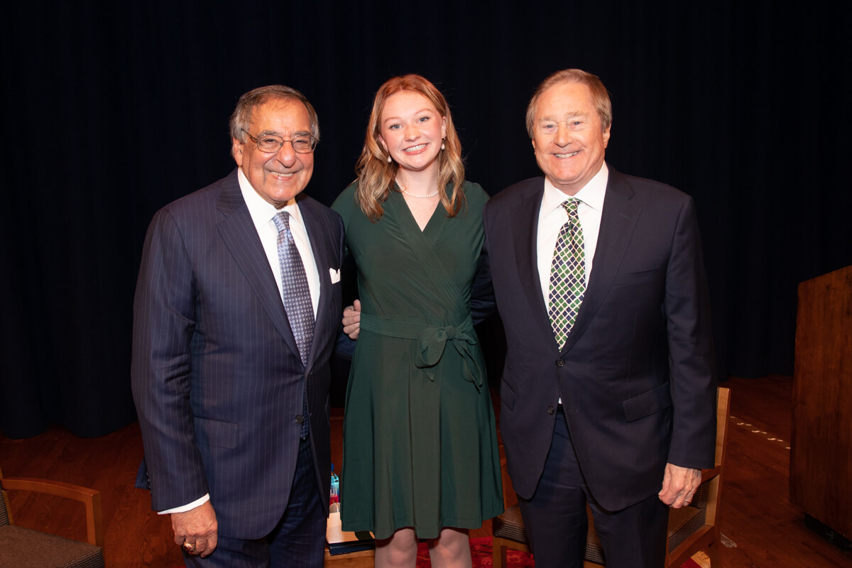 Photo of MSU Student Ryan Weinberg, Sec. Leon Panetta, and former Michigan Governor Jim Blanchard  